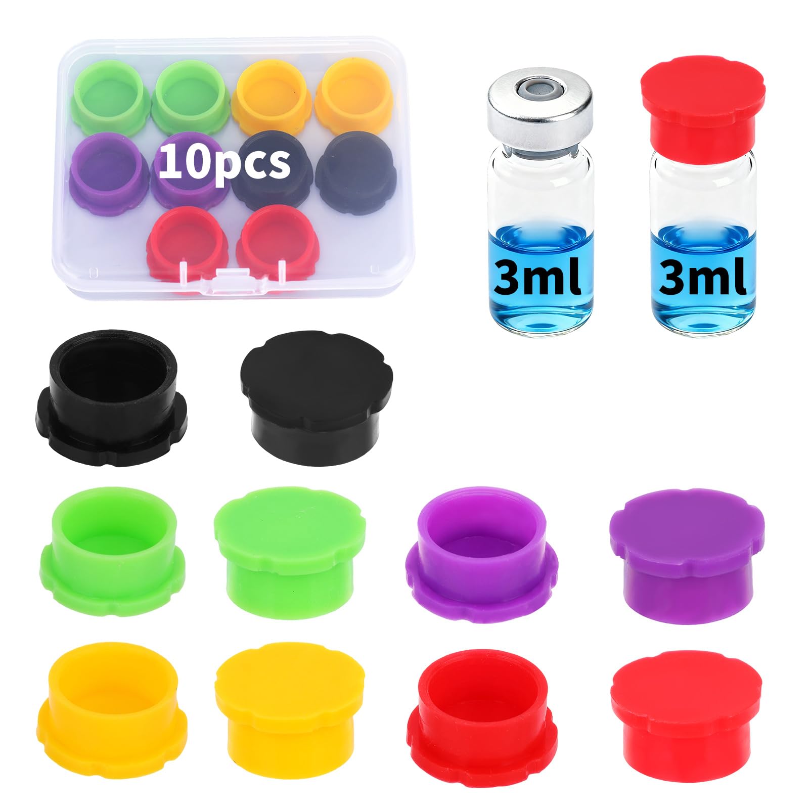 10pz Tappi Protettivi Fiale in Vetro 3ml, 5 Colori Coperchi in Silicone a Prova Perdite e Riutilizzabili Fiale per Iniezione per Conservazione Oli Essenziali e l'Uso Laboratorio