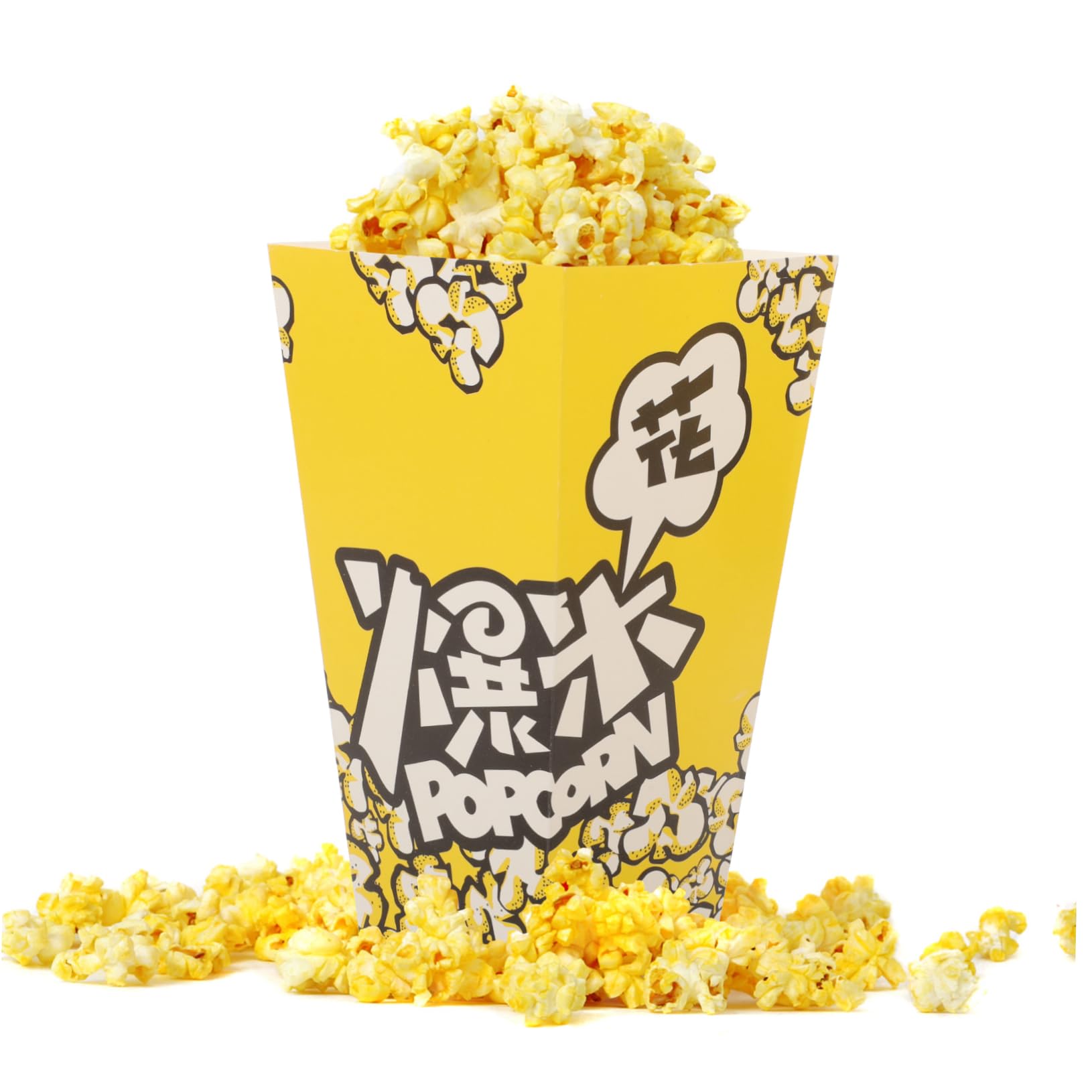 100 Stück Popcornboxen aus Papier in Gelb für Partys | Weiße Kartonqualität, für Süßwaren und Snacks, Dekorative Muster, Selbstgemacht Bäckerei und Festlichkeiten