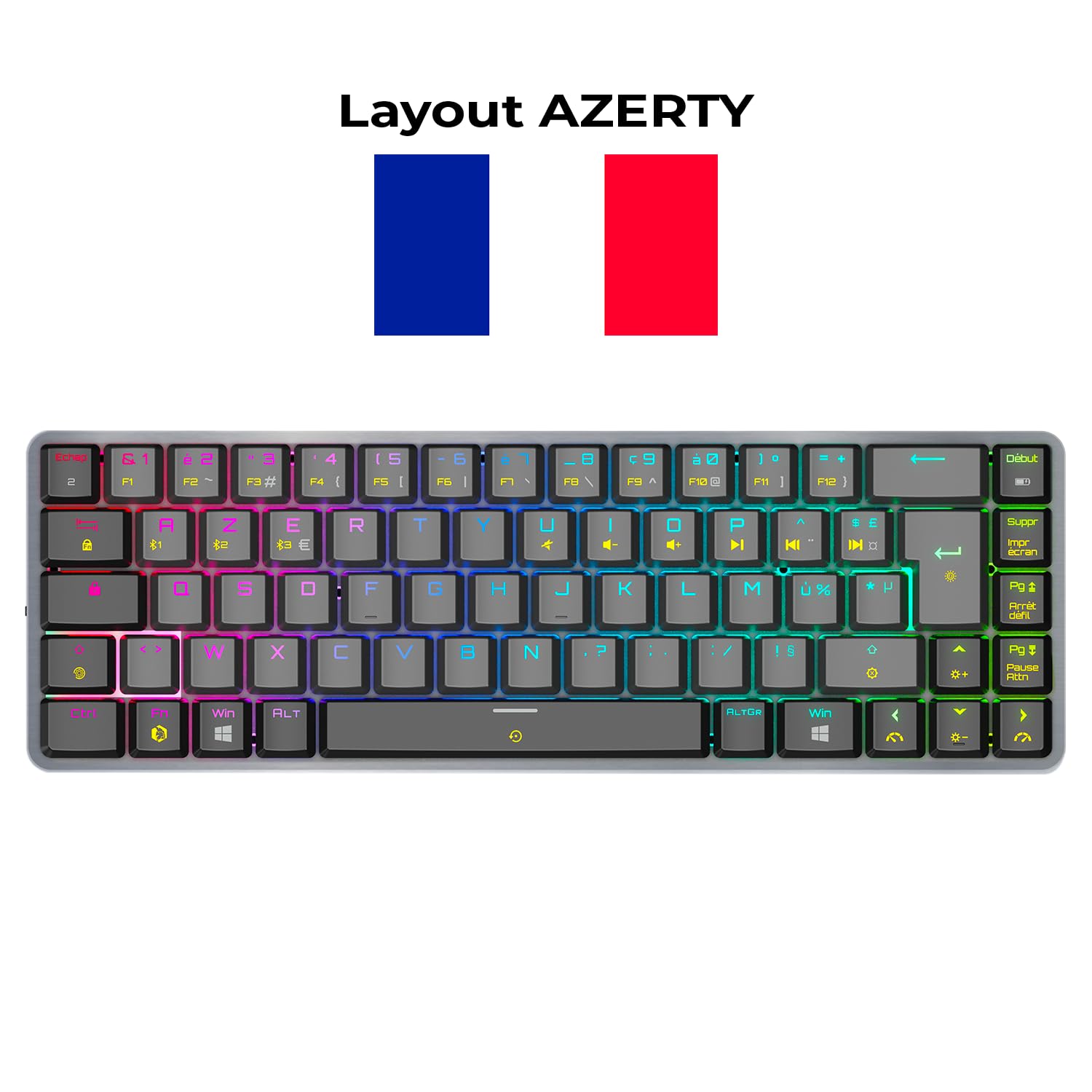 EMPIRE GAMING RF241 - Tastiera da Gioco Meccanica Compatta Senza Fili Ricaricabile FR(AZERTY), Tripla Modalità (2,4 GHz, Bluetooth, USB-C), 69 Tasti MX Red, RGB, NKRO, Compatibile con PC, Mac