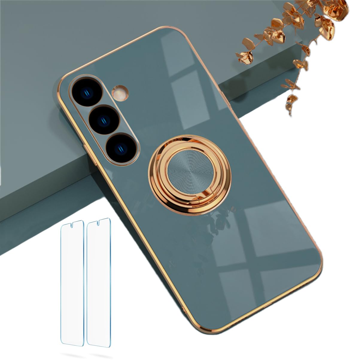 LBOYLOVE For Samsung Galaxy S24 Plus Phone Case Vehicle Magnetic Kickstand, w/ 2 Pcs Tempered Glass Screen Protector 360° Rotatable Ring Holder, Phone Case for Galaxy S24+ Cover, Gold Edge, Gray