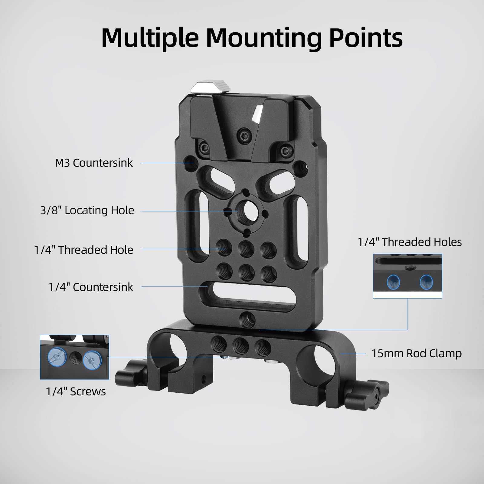 Nitze Piastra Batteria V Mount con Morsetto per Asta da 15 mm e Braccio Regolabile, V Mount Battery Plate 8 V/3 A CC, 14.8 V/3 A D-Tap e Porte di Uscita USB-C