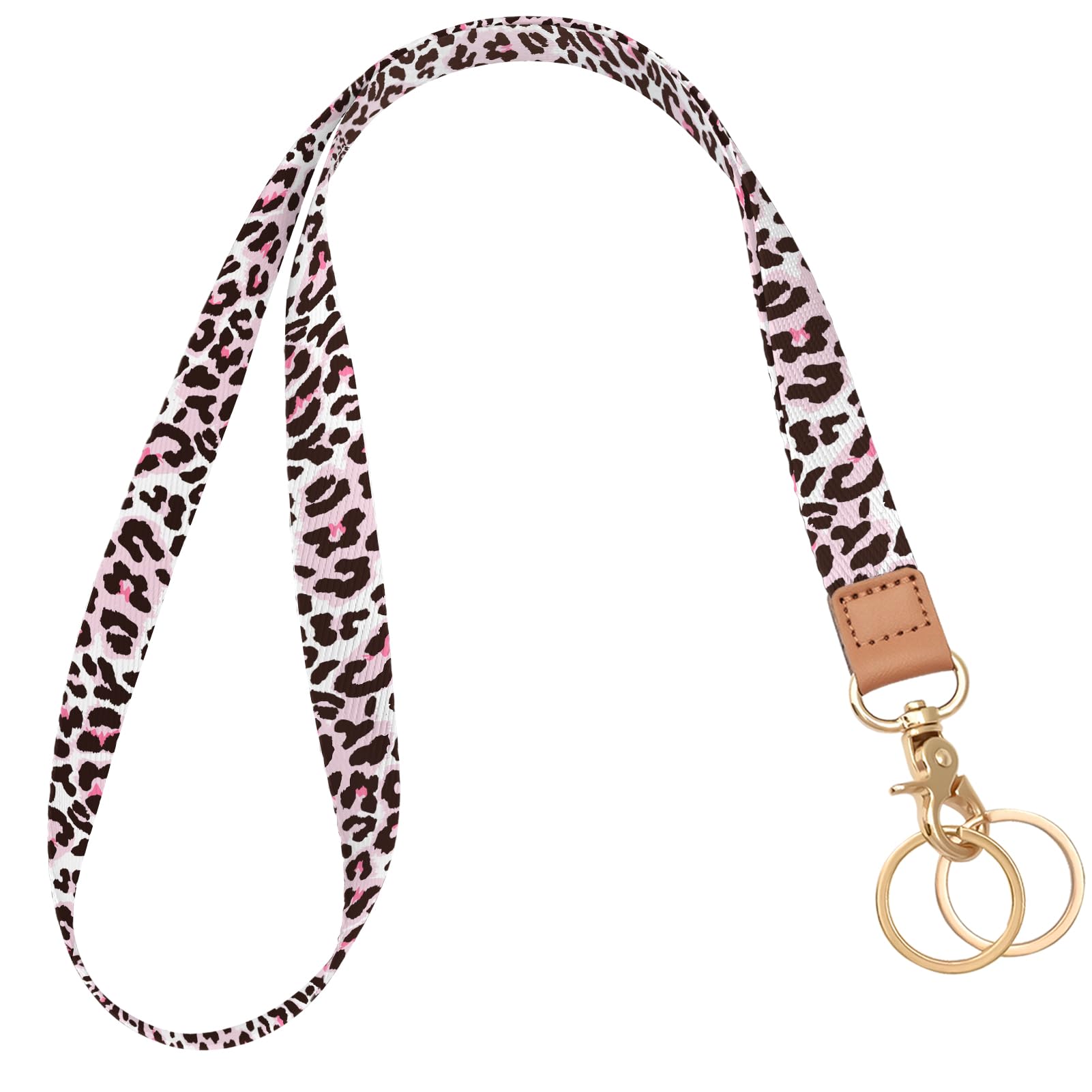 Knagsfa Badge Lanyard for Keys, Long Neck Strap with Metal Hook for ID Badges, Cute Lanyard Keychain for Women, Pink Leopard Print