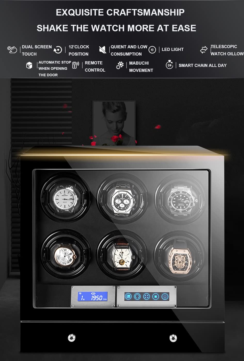 LXMQEF Scatola di Carica Automatica dell'orologio per 2 3 4 6 9 Orologi Touch Screen LCD Custodia per Orologio Meccanico di Lusso con Telecomando del Motore Luci a LED Vetrina