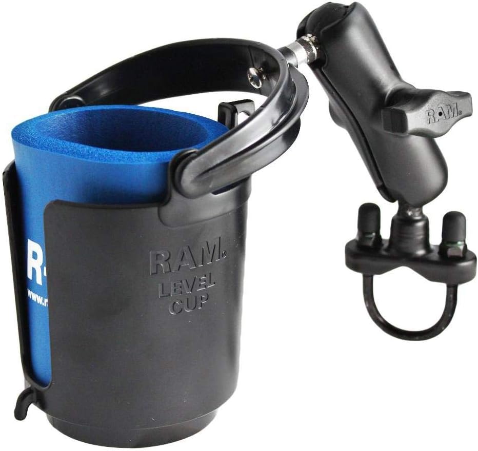 RAM MOUNTS (RAM-B-132R Handlebar Rail Mount with Zinc Coated U-Bolt Base, Self-Leveling Cup Holder & Cozy