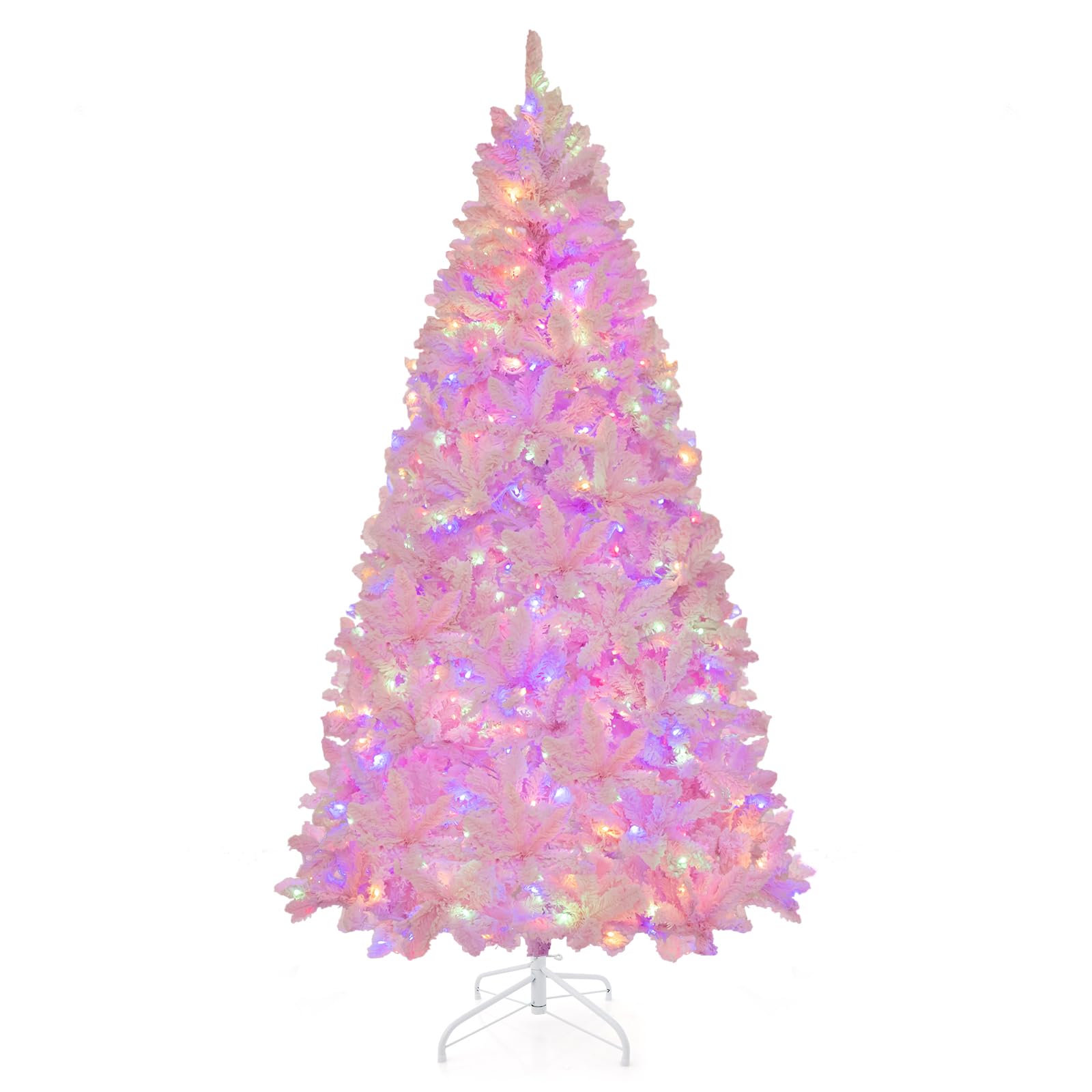 Goplus 7FT Pink Pre-lit Christmas Tree, Hinged Snow Flocked Artificial Xmas Tree with 1200 Branch Tips, 8 Lighting Modes & 500 Multi-Color LED Lights, Seasonal Holiday Decoration for Office Home