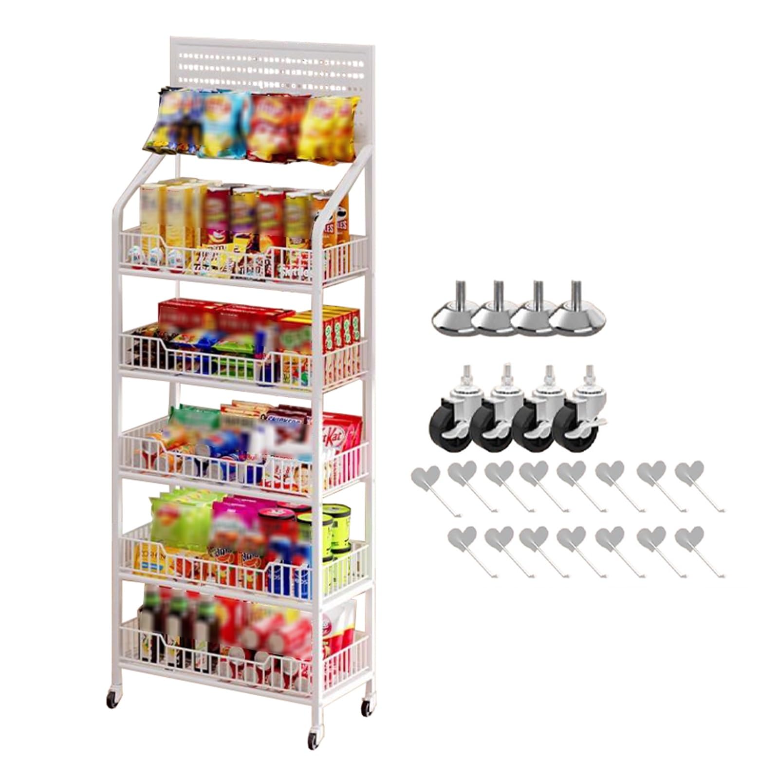 4- oder 5-stöckiges weißes Snackregal, großes Kartoffelchips-Regal, Bodenständer mit 4 Fußmatten/4 Rollen/15 Haken, Supermarkt-Küchenregal, Studentenwohnheim-Regal (Größe: 60 x 27 x 140 cm (