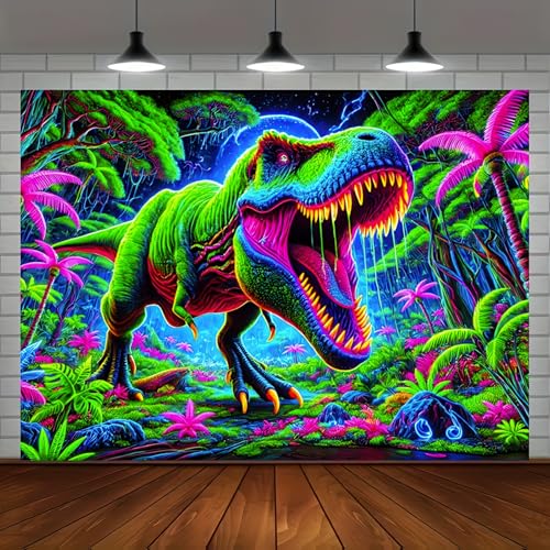 Image of BlissYard UV Reactive Dinosaur Blacklight Tapestry Neon T-Rex Dinosaur Wall Tapestry Jungle Forest Fantasy Landscape Wall Hanging for Men Boys Bedroom Home Decor Party Backdrop 59 X 78 inch