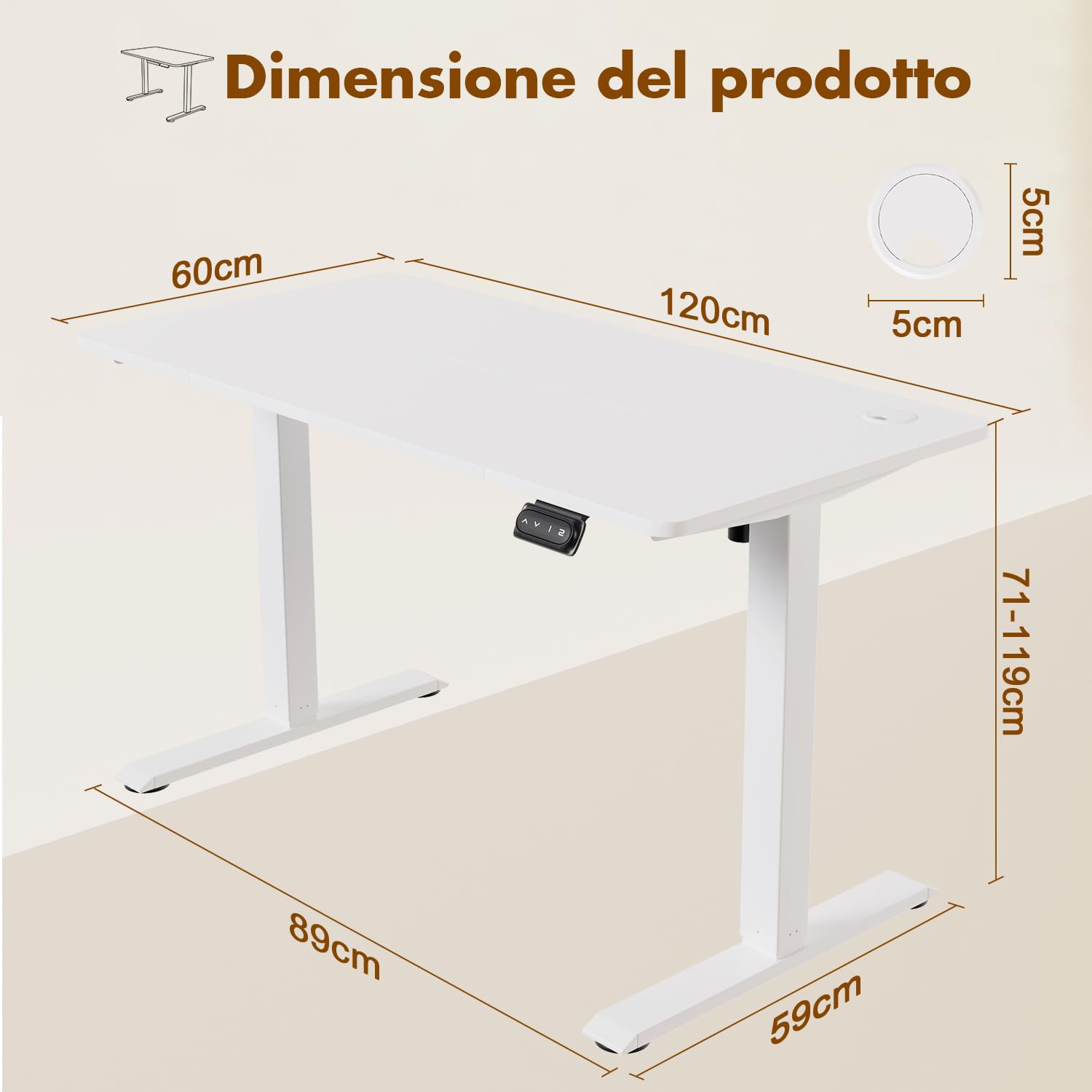 Devoko 120x60cm Scrivania Regolabile In Altezza,Scrivania Elettrica con Gancio per Cuffie,Altezza Regolabile 71-119 cm,2 Altezze di Memoria.Scrivania per Ufficio,Camera da Letto,Sala Studio（Bianca）