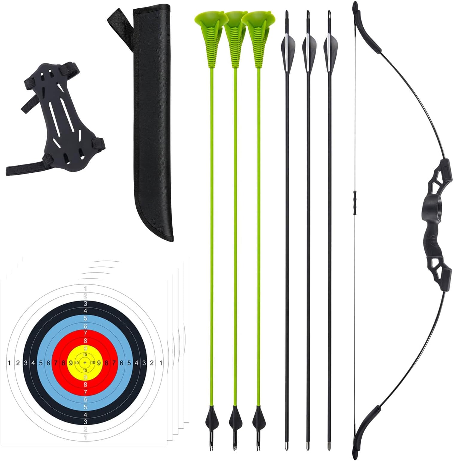 Bow and Arrow Set for Youth Junior Archery Longbow Training Bow with 6 Safety Arrows, 5 Target Face Paper, Armguard, Quiver, 18 Lb Beginner Recurve Bow Kit for Outdoor Sport Game Gift