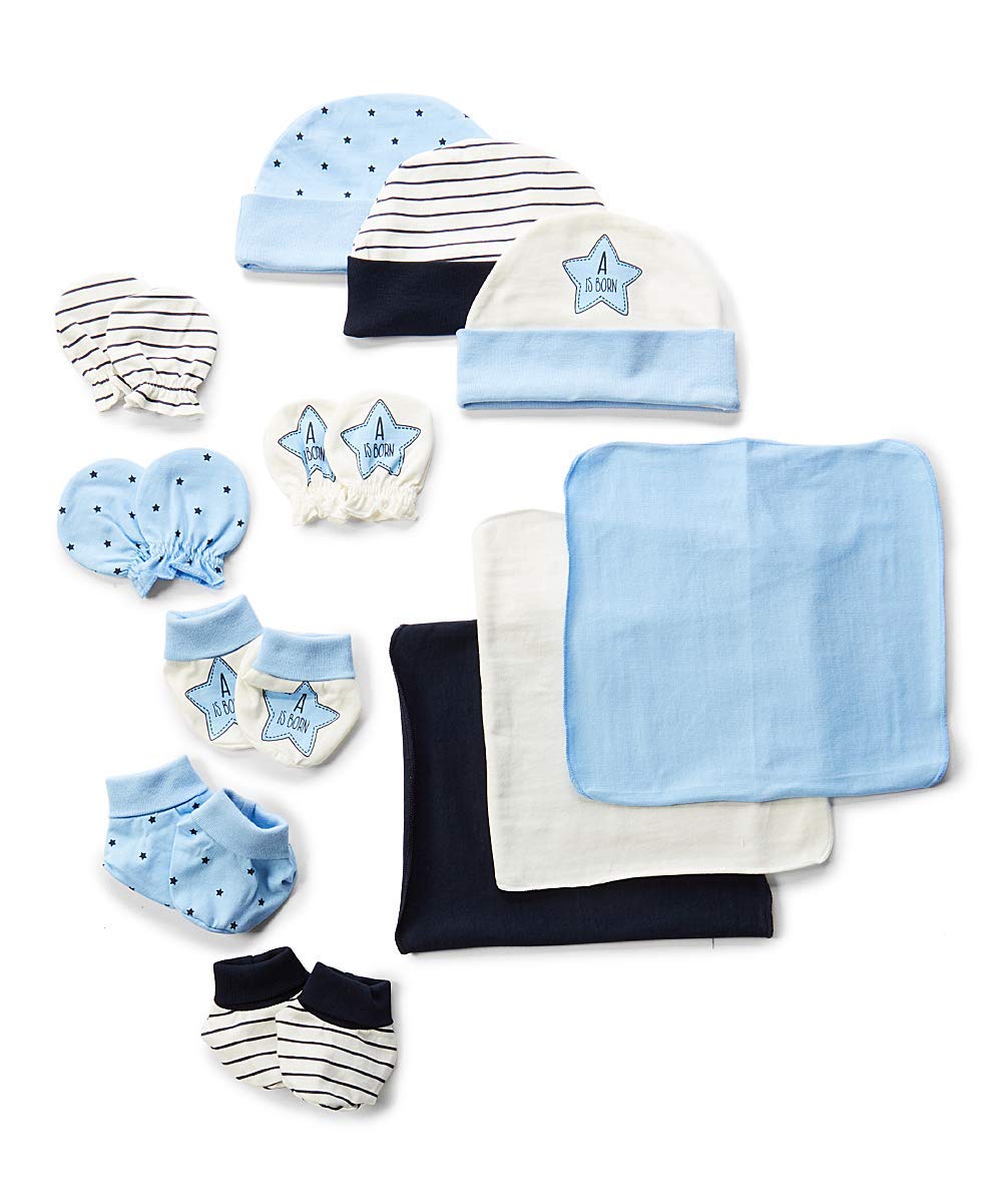 BornCare12 Pack Baby Gift Set, Blue, Baby Boy Girl Shower Gift Set (3 Pairs Each Beanies, washcloths, Booties, Mittens), 0-6 Months