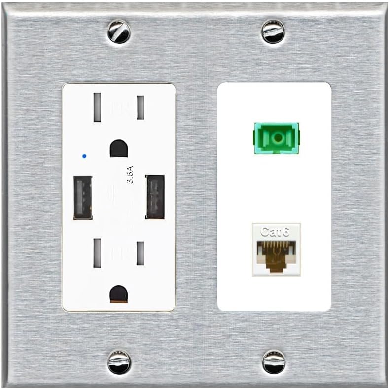RiteAV 1 Port Fiber Optic Jack SC Simplex APC + Cat6 Wall Plate - USB Charger Outlet [Stainless/White]