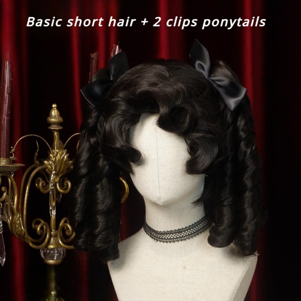 Perruques Bouclées Romaines Rétro Pour Femmes Perruque Luxueuse Noire Courte Avec Pince À Griffes 2 Queues De Cheval Coiffant Une Frange Lolita Cheveux Synthétiques Fête D'halloween