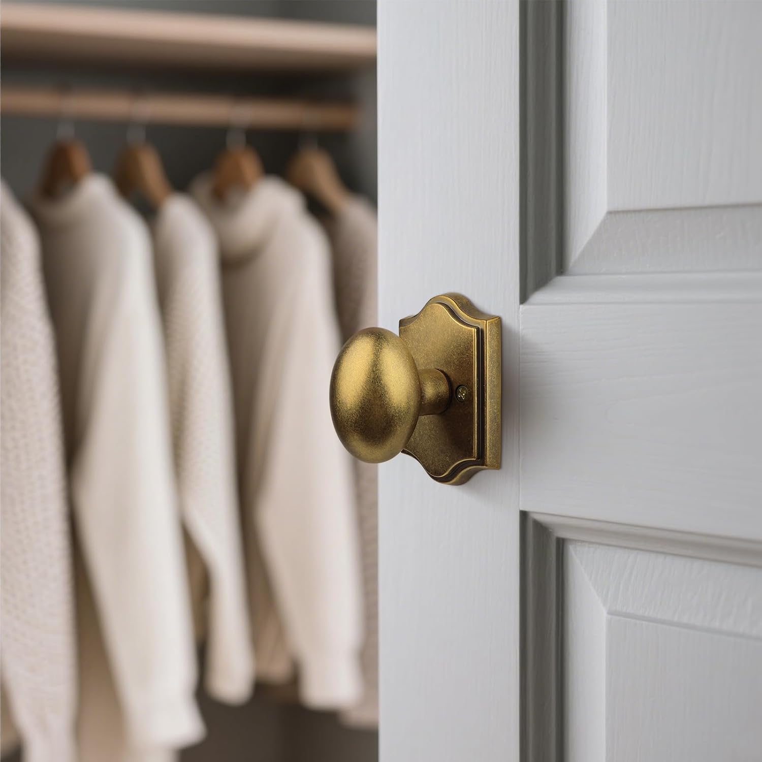 Antique Brass Finish Dummy Door Knob Interior, Vintage Style Zinc Alloy Oval Door Handle, Non-Turning Interior Push/Pull Door Knob (Antique Brass, Dummy)