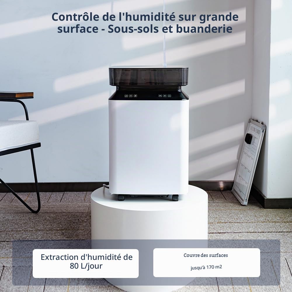 Kalopsia Déshumidificateur d’Air Électrique Professionnel: 80L/Jour Grande Capacité 170m² Pompe de Relevage Tuyau Drainage Continu Silencieux Pour Cave/Maison/Salle de Bain/Garage/Buanderie/Chambre