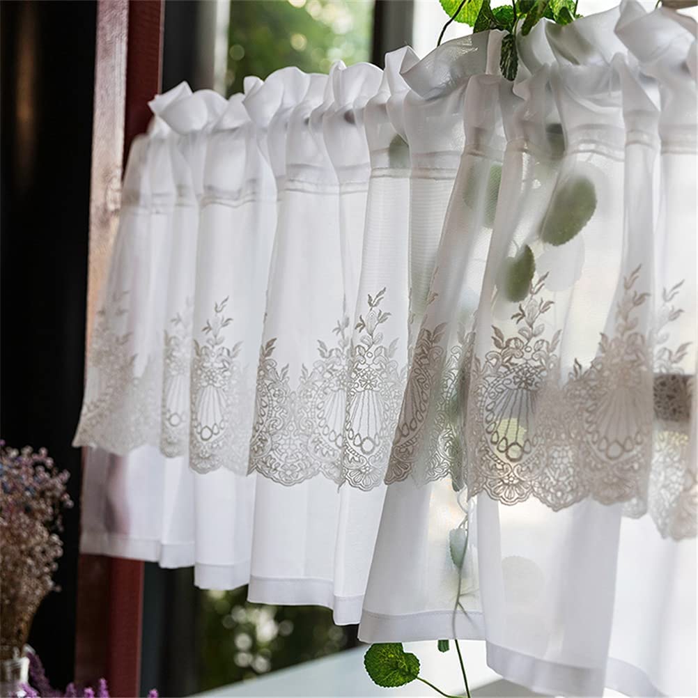 Cortina de cocina de voile con encaje bordado blanco para ventanas pequeñas