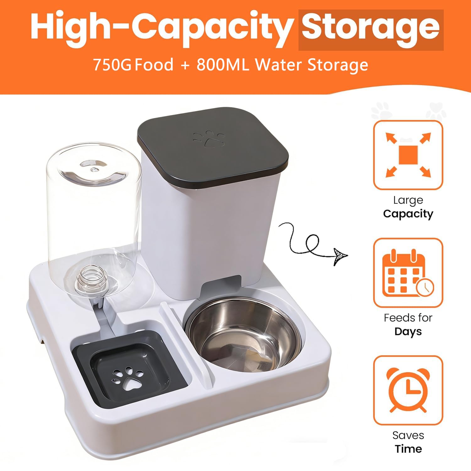 2-in-1 Automatischer Futter und Wasserspender für Haustiere, Abnehmbarer Futterstation, Katzenfutter Spender und Tränke mit Edelstahlschale, Futterspender für Katze und kleine Hunde (Grauweiß)