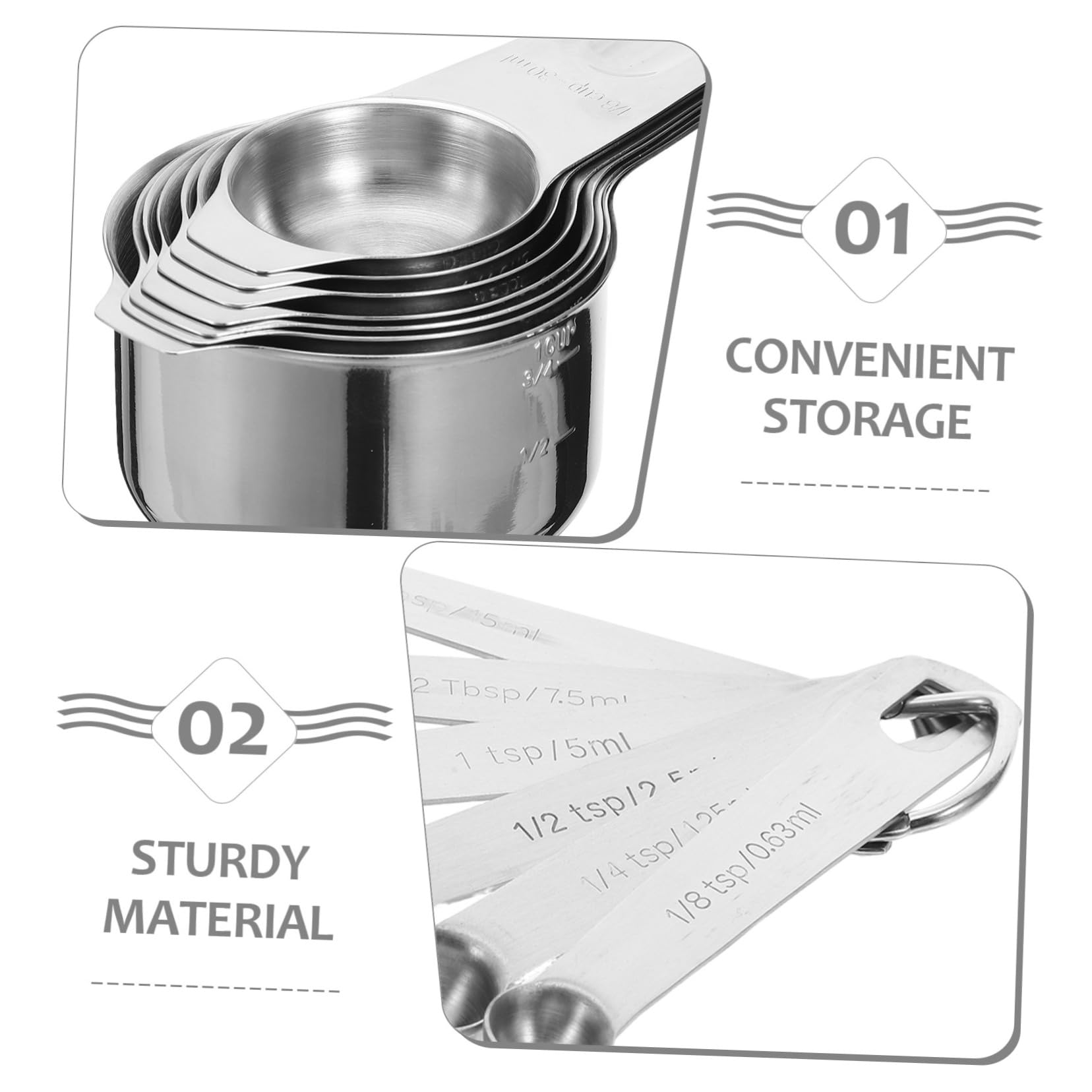 Zerodeko 2sätze Edelstahl Küchenlöffel Set mit Messbechern und Messlöffeln für Kochen und Backen Stapelbar und Platzsparend für Ordnung Küche