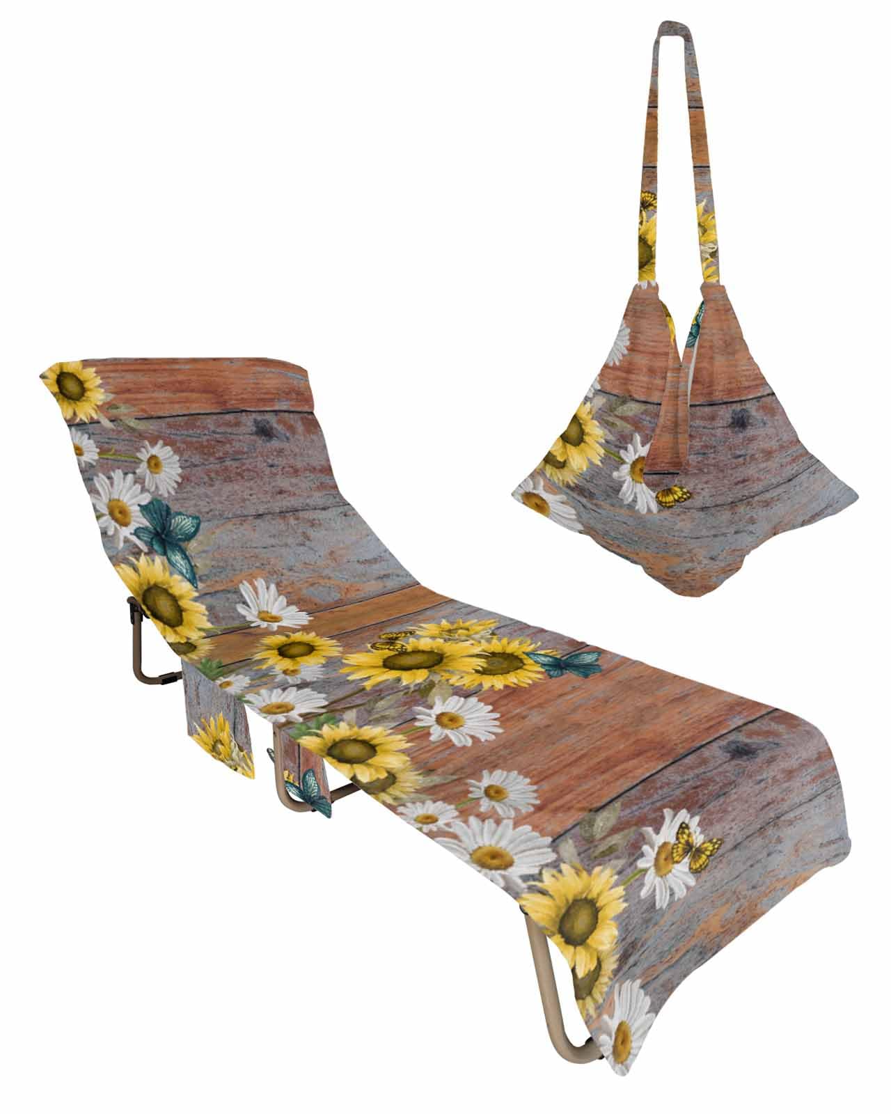 Watercolor Flowers Beach Chair Towel Covers for Chaise Lounge with Side Pocket, Soft Plush Pool Towels Cover for Patio Sunbathing Outdoor 29''x85'' Sunflower Plants Farmhouse Woodgrain