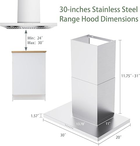 Miniatura 4 de ONEEON Campana extractora de 30 pulgadas, escape de cocina de acero inoxidable de 900 CFM con ventilador de 4 velocidades, luces LED, botón