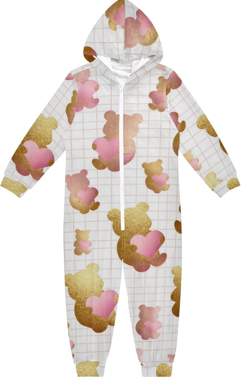 Rose Gold Cute BearOnesie PajamasSoft Casual Hooded One-Piecing Loungewear Sleepwearfor Parties Sleepovers