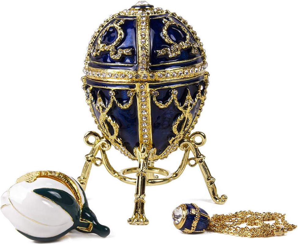 Jewelry Gift Box for Necklace Swarovski Crystals Faberge Egg Arrow, Flower and Pendant Imperial Egg Jewelry Box (Medium) 1.8 x 3.35-inch Desk Trinkets Unique Boxes (Blue)