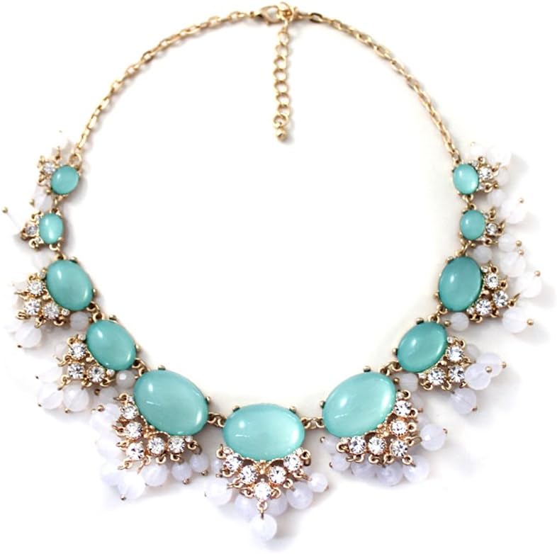 Heyjewels Beautiful Jewelry Teardrop Necklace Aqua Green Lucite Pendant Rhinestone Bib Statement Necklace Lady Girl Birthday Party Jewelry