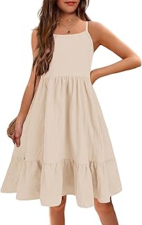 Girl's Summer Sundress Spaghetti Strap Solid Linen Midi Dress Casual Cami Dresses - Buy now