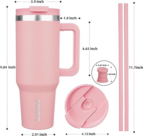 Miniatura 3 de BJPKPK - Vasos con aislamiento térmico, con asa y pajilla, vasos térmicos de acero inoxidable de 40 onzas con tapa, color rosado claro