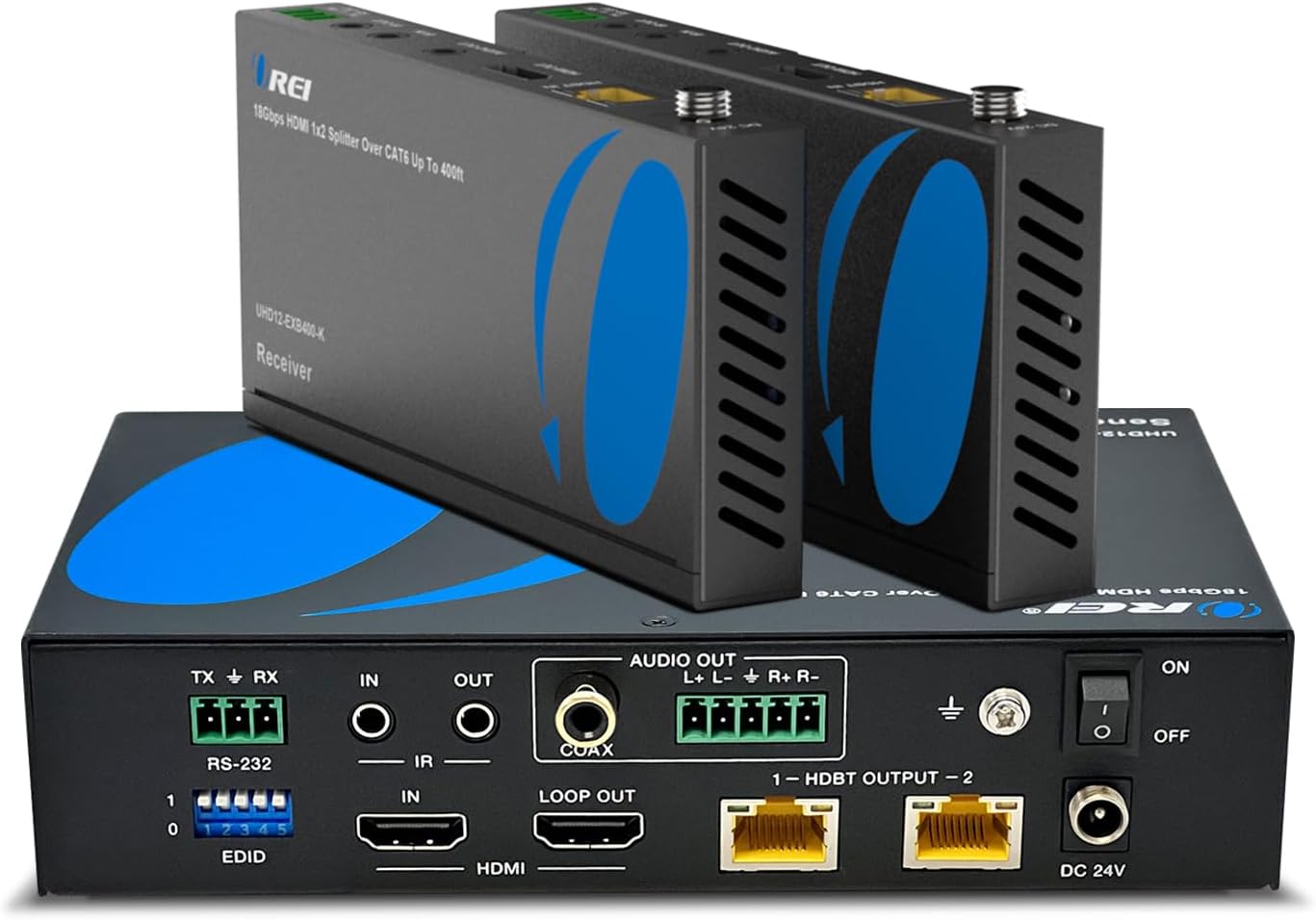 OREI 1x2 HDMI Extender Splitter HDBaseT 4K, Multiple Over Single Cable CAT6/7 4K@60Hz 4:4:4 HDCP 2.2 with IR Remote EDID Management, HDR - Up to 400 Ft - Loop Out - Low Latency (UHD12-EXB400-K)