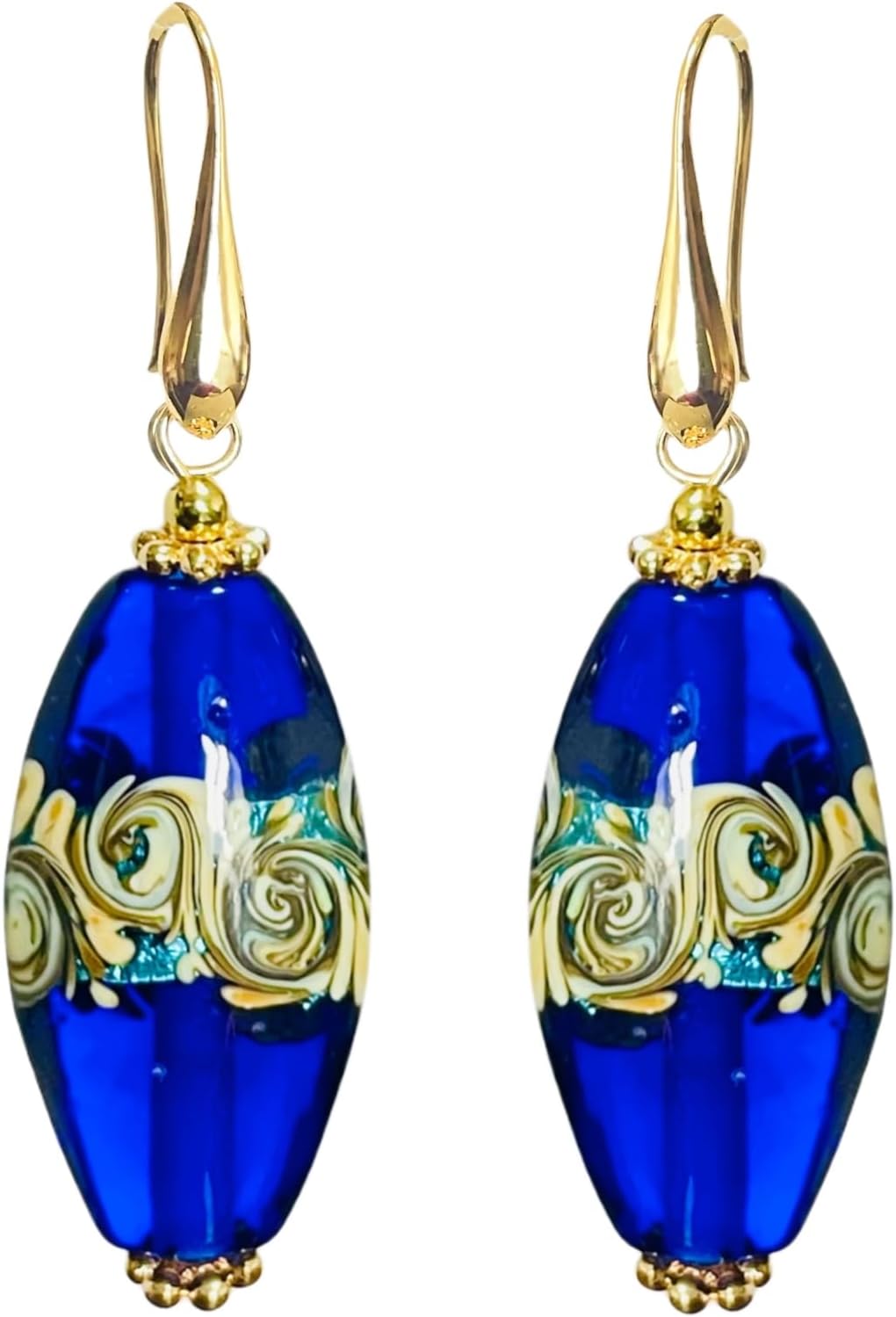 Colorful Murano Style Glass Earrings, Unique Blue Glass Beads Handmade Jewelry, 18k Gold Plated Drop Dangle Earrings for Women, Hypoallergenic