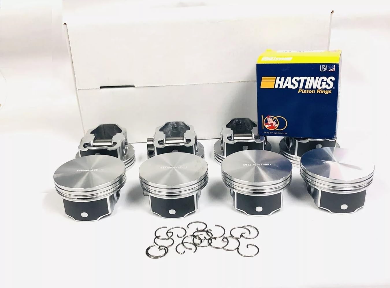 Hypereutectic Flat Top Pistons Set of 8 plus matching rings compatible with Kit 2008-10 GM Chevy 6.2L LS3. Click size needed before adding to Cart! (+.020 over 4.085" Bore dia.)