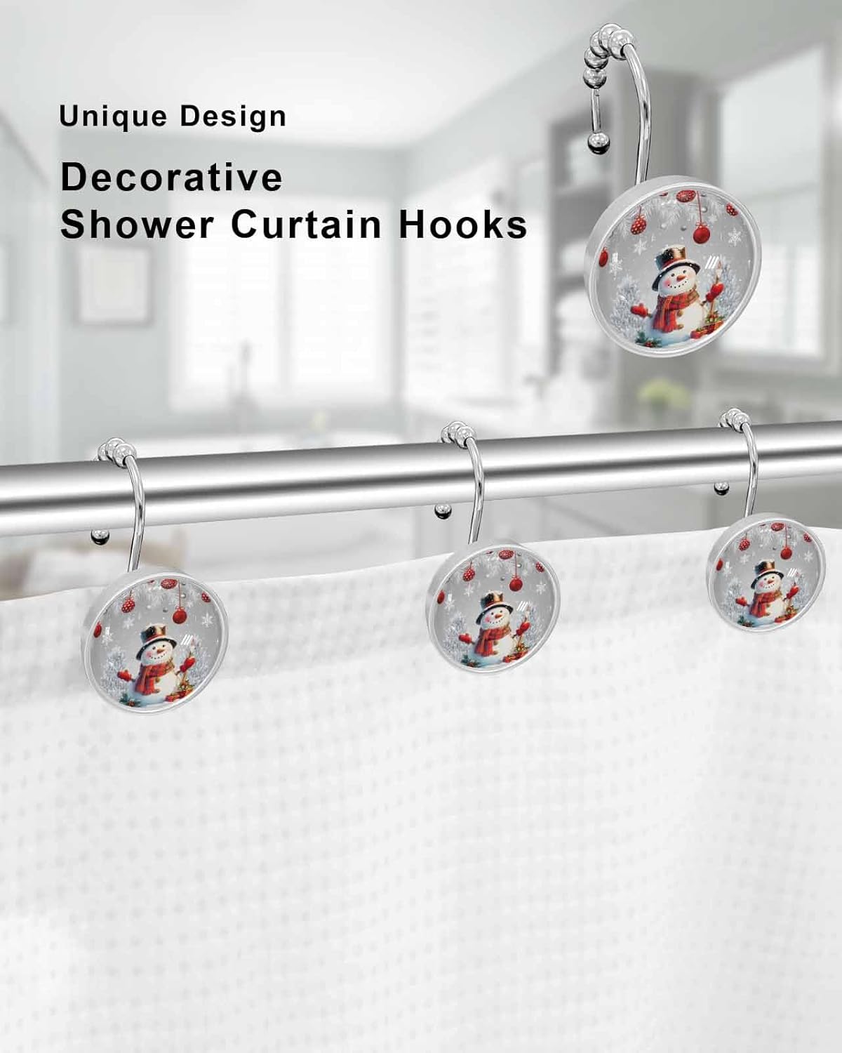 Shower Curtain Hooks 12 Pcs Christmas Ball Snowman Gifts Xmas Tree Snowflake Grey Stainless Steel Rust Proof Rolling Shower Curtain Rings, Decorative Shower Curtain Hooks Hangers for Bathroom
