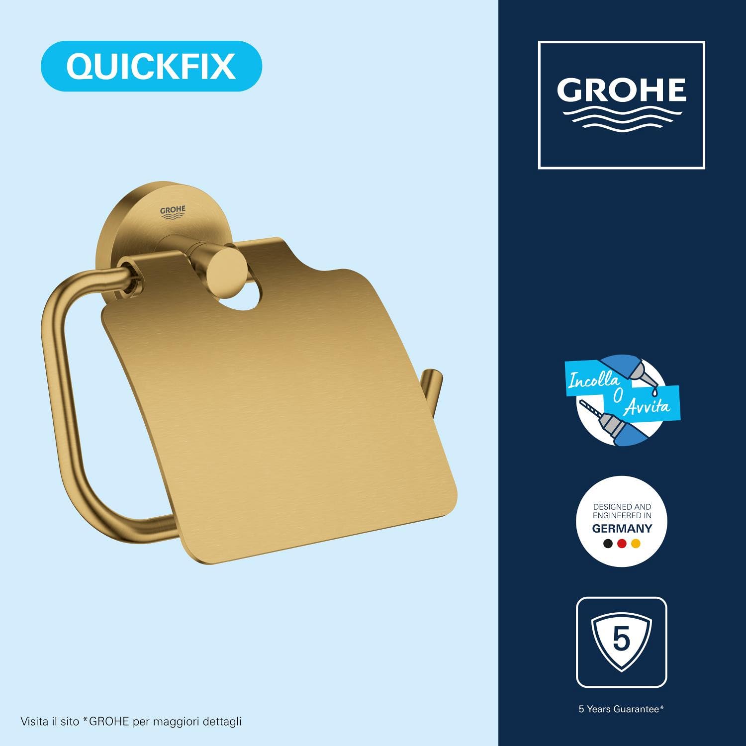 GROHE Start Portarotolo con Coperchio (Metallo, Fissaggio Nascosto, Viti e Tasselli Inclusi), Dimensione 167 x 119 mm, Oro Spazzolato Cool Sunrise, 41067GN0
