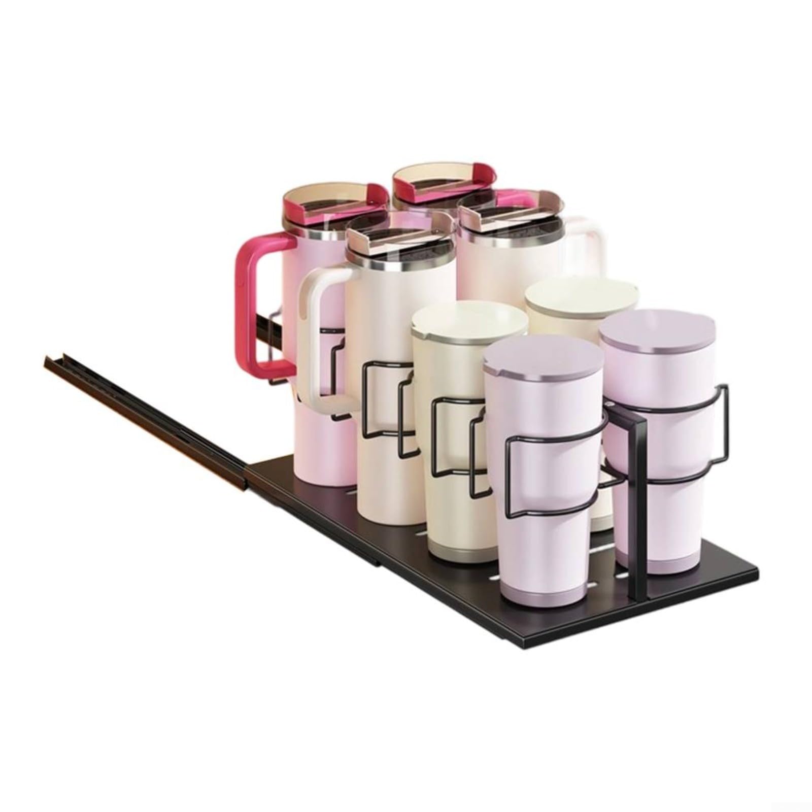 Organiseur coulissant pour bouteilles d'eau et grands gobelets, rack noir pour 8 tasses
