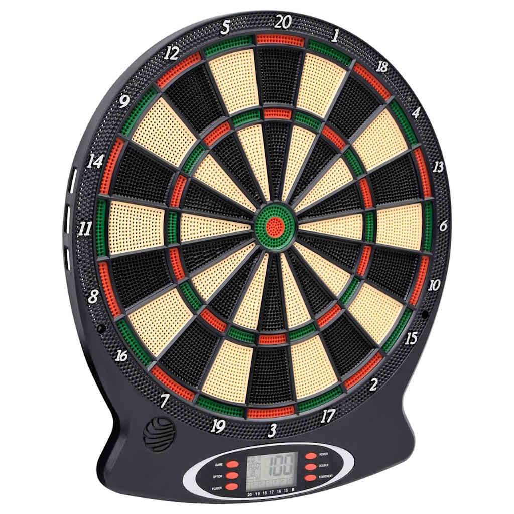 Cible de fléchettes électrique en polypropylène noir avec 18 jeux et écran LCD, 37,5 x 43 cm, 6 fléchettes, pointes de rechange, idéale pour la maison, les fêtes, le bureau et les loisirs