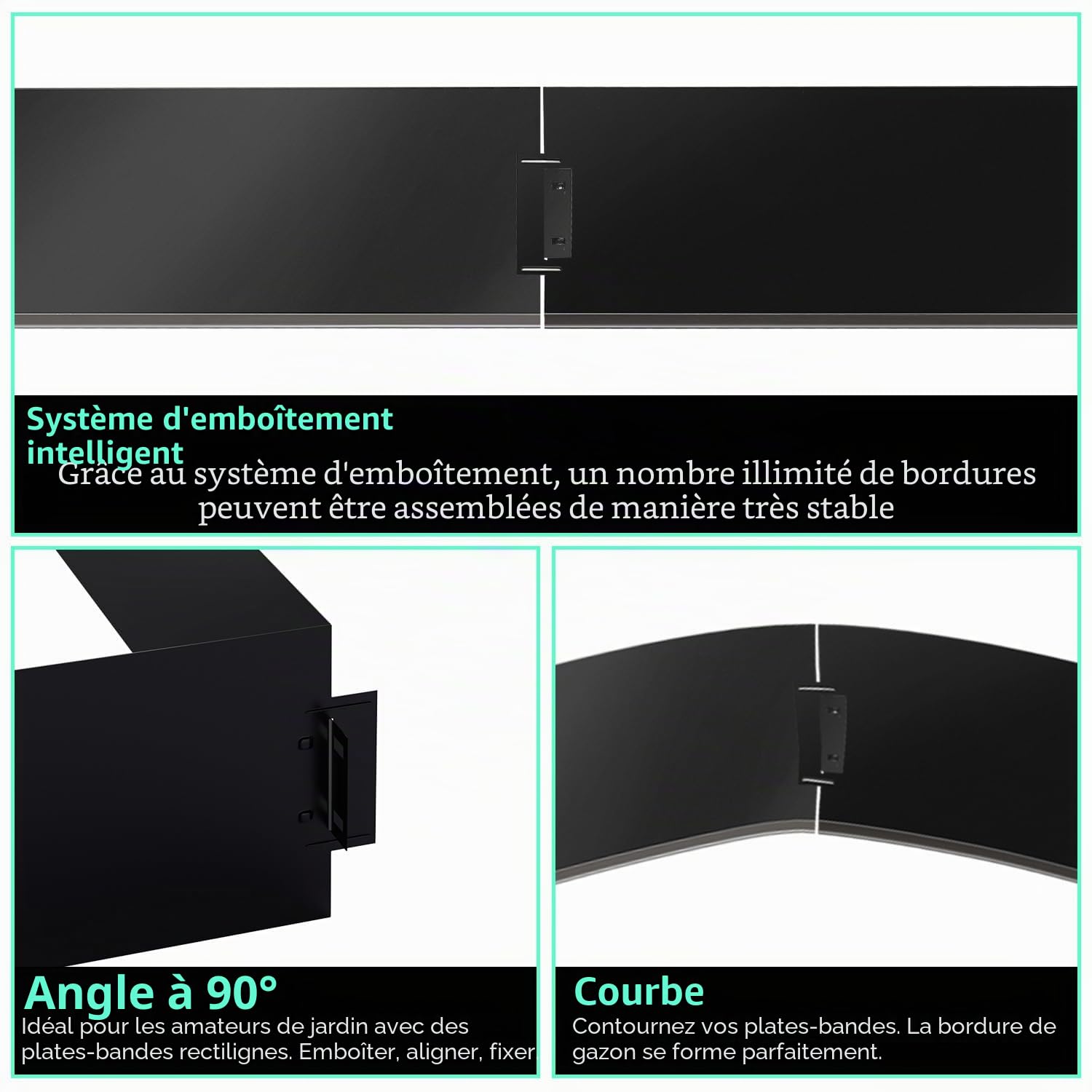 Bordure de pelouse en métal galvanisé, 5 m, 10 m, 15 m, 20 m, 25 m, 30 m, 35 m, 40 m, 45 m, 50 m, palissade, Peut être utilisée pour Cour, Jardin, Noire (Longueur 10m - Hauteur 15cm)