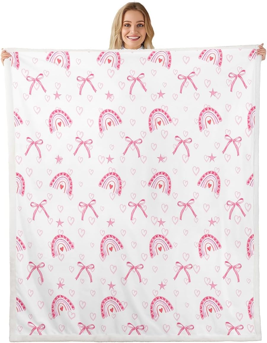 Pink Rainbow Fleece Blanket,Dreamy Bowknot Bow Ribbon Princess Style Plush Blanket for Kids Teens,Lovely Room Decor,Love Hearts Graffiti Pink White Flannel Blanket,Twin 60"x80"