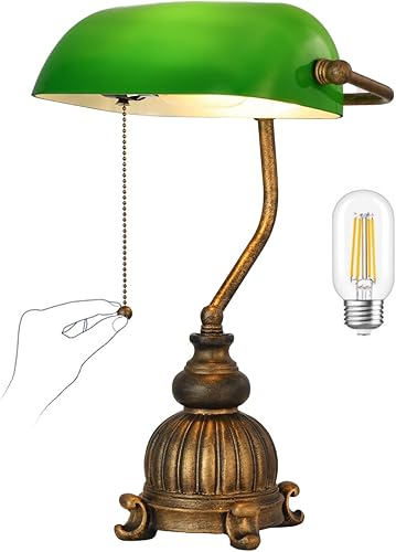 Newrays Lámpara de escritorio retro de cristal verde para oficina en casa, biblioteca con interruptor de cadena de tracción enchufable, bombilla LED