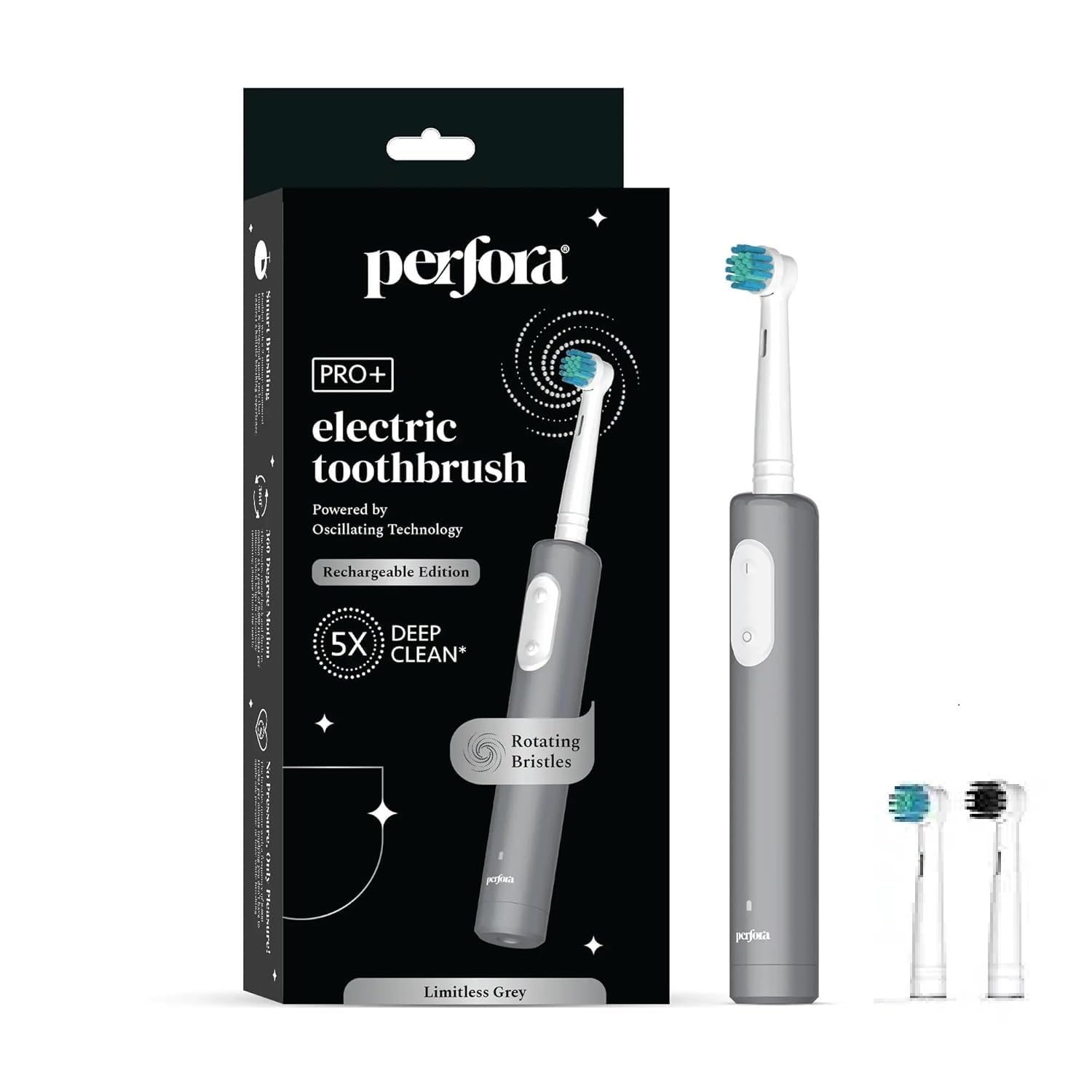 Perfora PRO Oscillating Electric Toothbrush & Brush Head Combo | 2 Years Warranty | Rechargeable Electric Toothbrush For Men, Women & Kids, Tooth Brush Set, 8800 RPM, 1 Mode, 2 min Auto Timer (Limitless Grey)