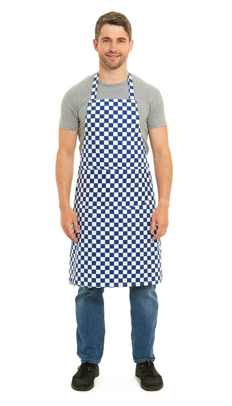 Tesmark Check Barbecue & Butcher Aprons for Men and Women with Pockets, One Size Check Design Versatile Aprons Ideal for Home, BBQ and Professional Use (Blue)