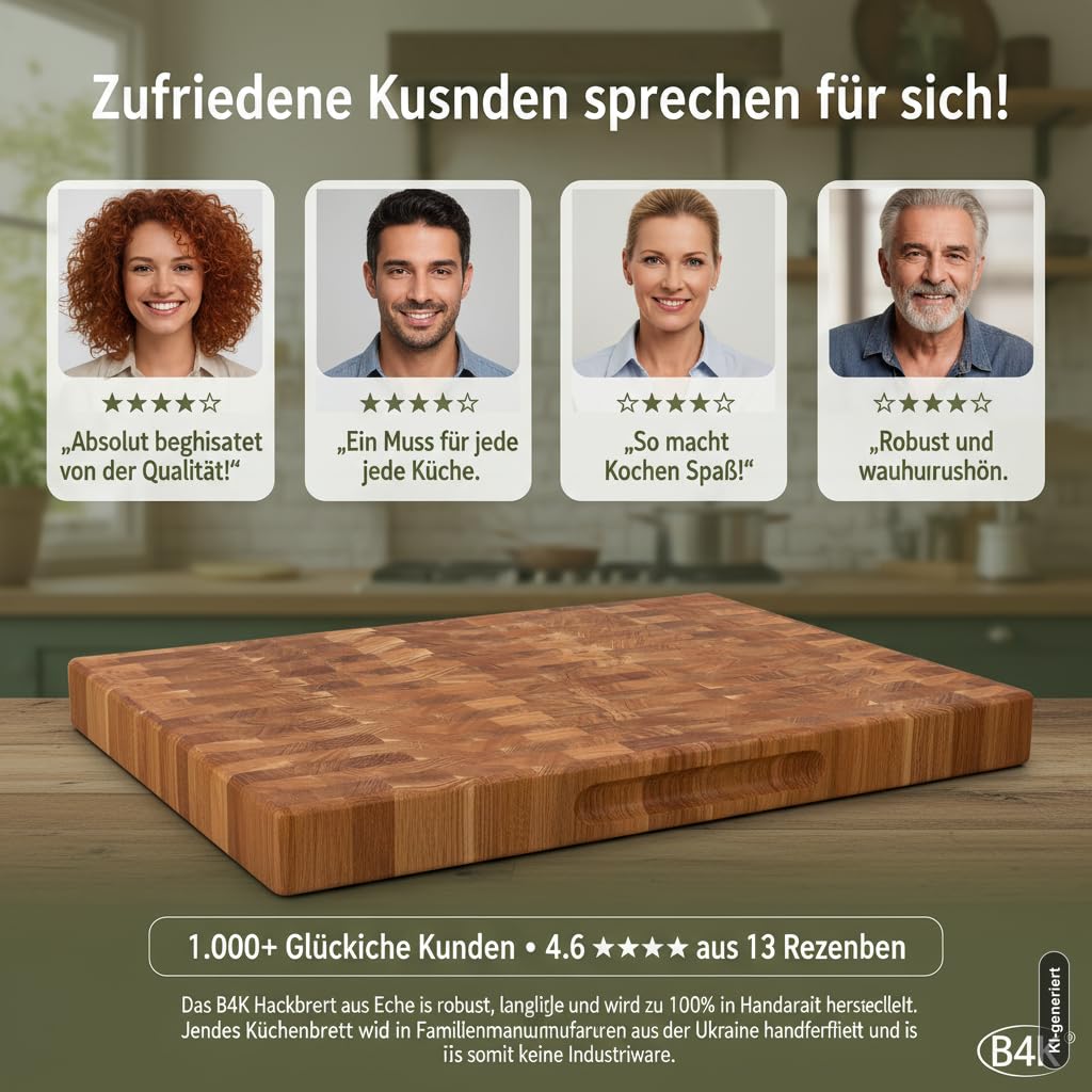 B4K® Tabla de cortar de madera de roble 60 × 40 × 4 cm | Bloque de madera maciza, con asas y pies de silicona, antibacteriano, no daña los cuchillos