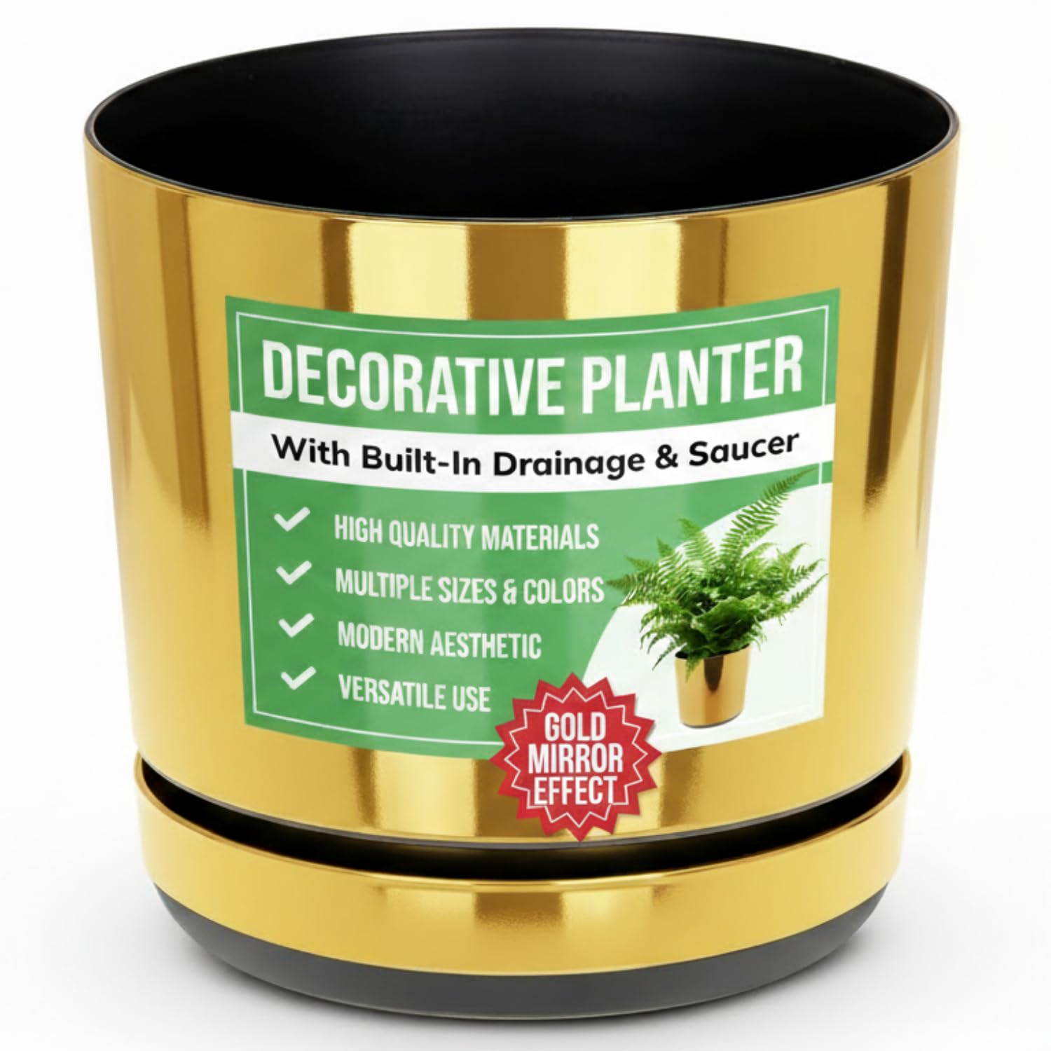 KORAD Gold Mirror Indoor Plant Pots with Drainage Holes and Matching Saucer–Modern Decorative Plastic Flower Pots for Houseplants, Succulents, Herbs–6 Sizes, 25 Stylish Colours- (18 cm(7 inches))