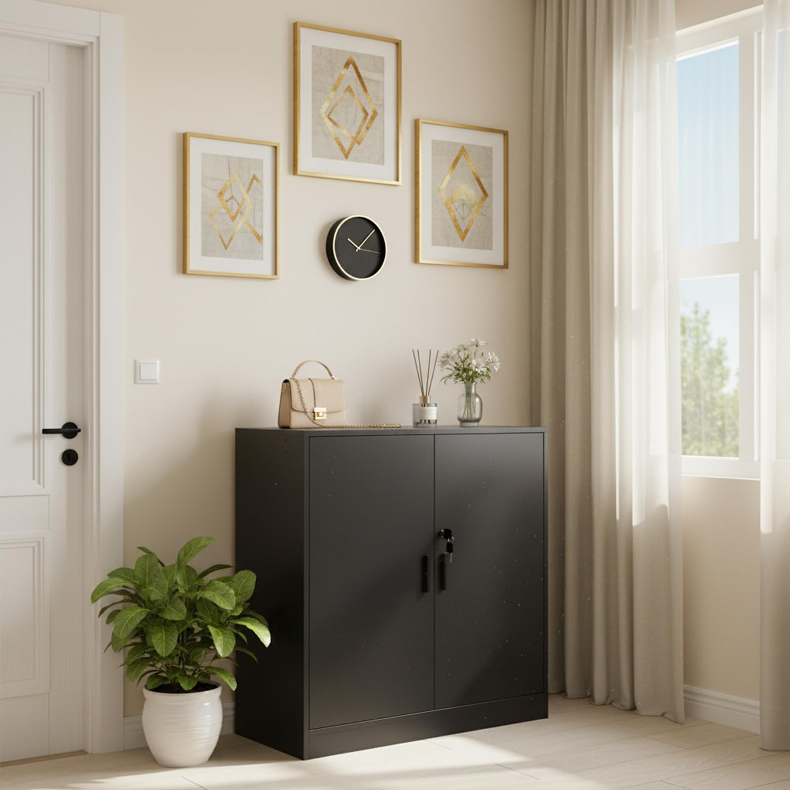 Armoire de Bureau, Meuble Rangement Bureau Fermant à clé, 15mm Armoire de Rangement pour Garage Salon Chambre Buffet Imprimante Papier Administratif avec 2 Porte, Placages Réglables, Noir