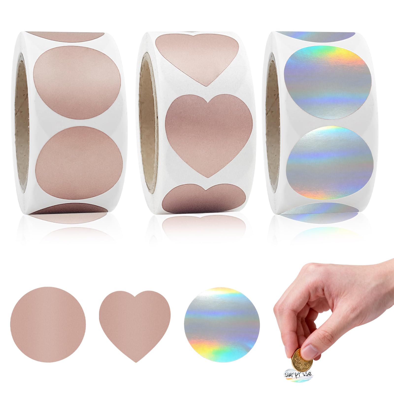 900 pcs Scratch Off Label Stickers, CNYMANY 1-inch Pink Metallic Self-Adhesive Peel and Stick DIY Labels for Games Party Gift Postcard Promotion - Circular, Heart — image 1