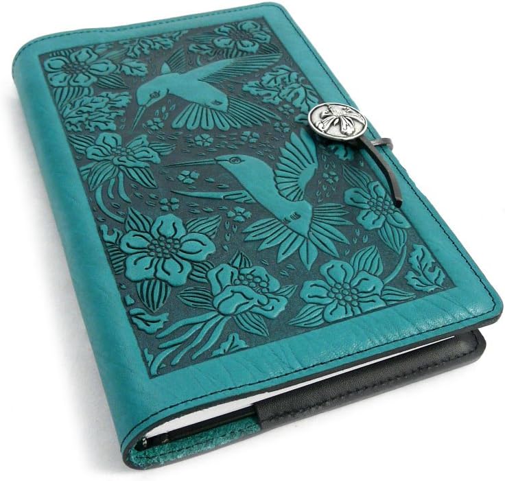 Modern Artisans Hummingbird American-Made Embossed Leather Writing Journal Cover in Teal, 6 x 9-inch + Refillable A5 Hardbound Insert Book
