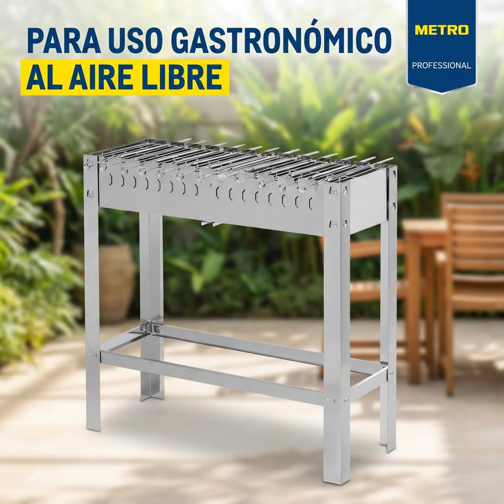 METRO Professional Barbacoa de Carbón Rectangular Karasu, Acero Inoxidable, 31 x 81 x 80 cm, 2 Rejillas,12 Pinchos, Plata