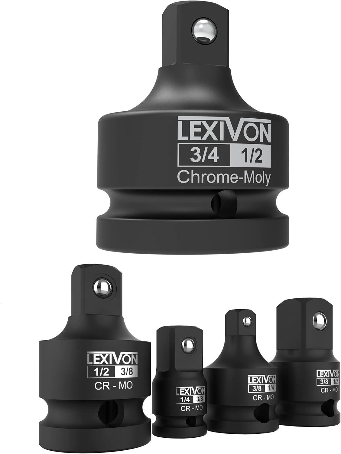 LEXIVON Impact Socket Adapter and Reducer 4-Piece Set | 1/4" - 3/8" - 1/2" + 3/4-Inch Impact Socket Adapter, 3/4" Female x 1/2" Male Reducer | Chrome-Molybdenum alloy steel = Fully Impact Rated