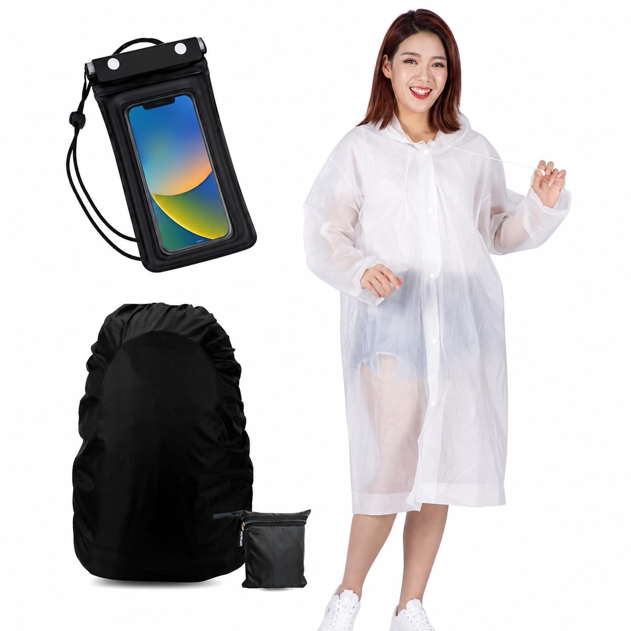 waterproof raincoat combo kit, mobile waterproof pouch & backpack rain cover | lightweight reusable rain protection set for men & women multicolor