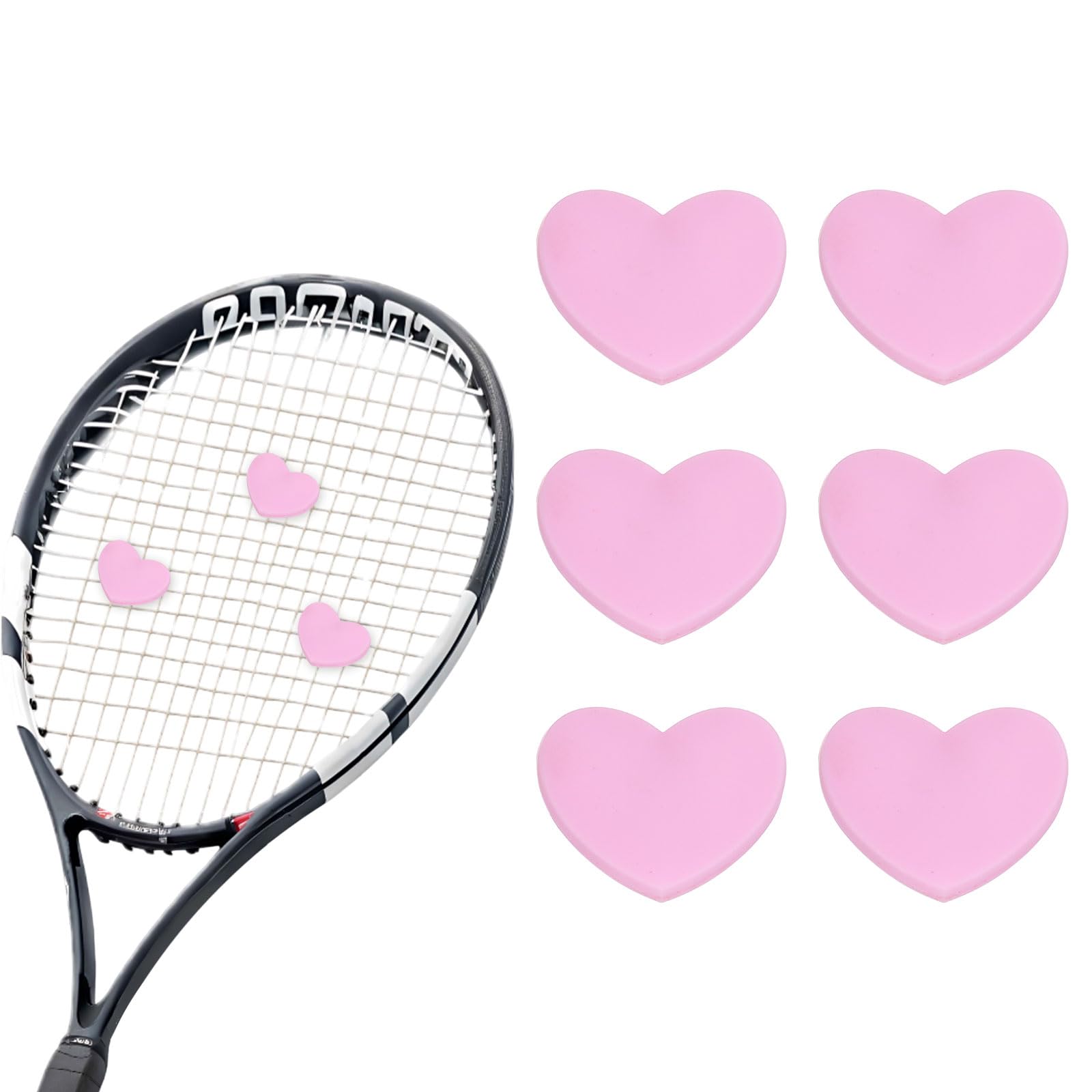 YELARXI Tennis Dampener, Heart Silicone Tennis Racket Dampeners Racket Shock Absorber Reduce Vibration Soft Cute Fit for (Players/Universal Fit for All Racquets) 6 Pcs & Light Pink