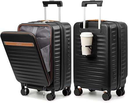 Joyway 20 Inch Carry On Luggage with Front Pocket and Cup Holder, Black